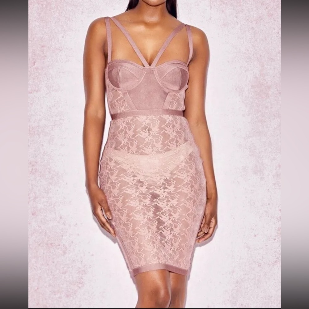 House of CB Perrina Mauve Sheer Lace Bandage Dress With High Waisted Briefs